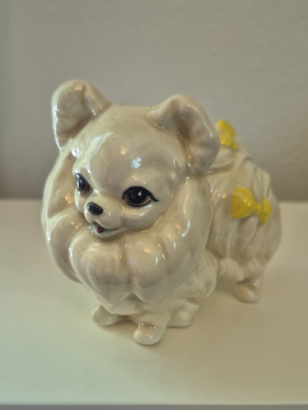 Vintage Gallaher Cream Ceramic Pomeranian Dog FigurineYellow Bows